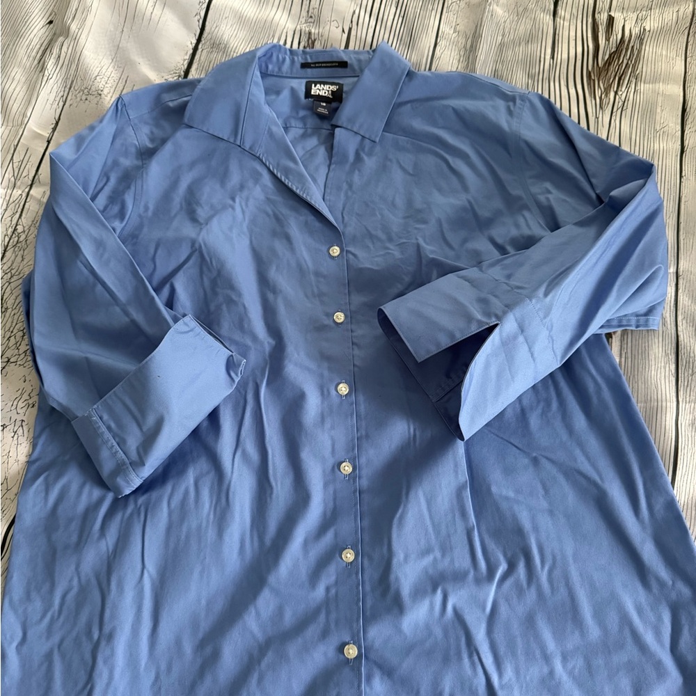 Lands' End Women’s Casual Blue Button-Down Shirt